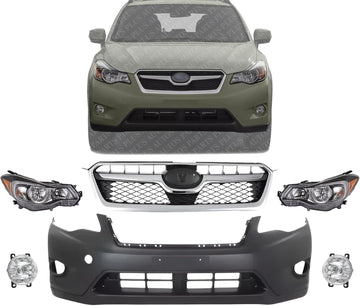 Front Bumper Cover Primed + Grille With Chrome Trims + Fog Lamps + Head Lights Left Driver And Right Passenger Side Direct Replacement Compatible With 2013-2015 Subaru XV Crosstrek