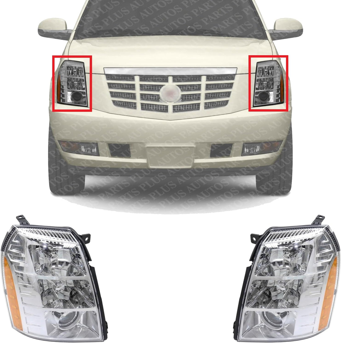 Set Of 2 Front Head Light Assembly Plastic Left Driver & Right Passenger Side Direct Replacement Compatible With 2007-2009 Cadillac Escalade GM2503291 GM2502291 25897649 25897648