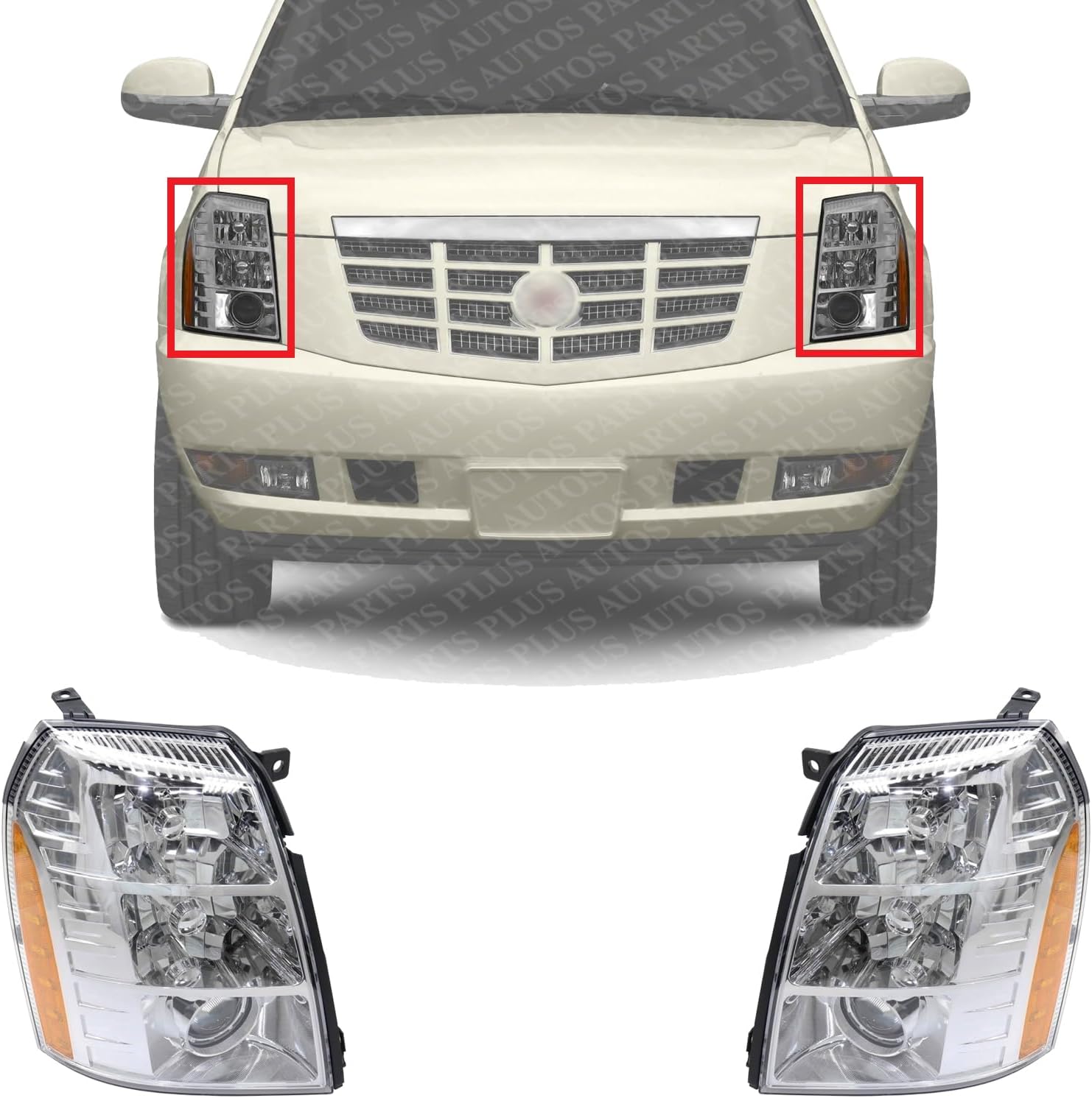 Set Of 2 Front Head Light Assembly Plastic Left Driver & Right Passenger Side Direct Replacement Compatible With 2007-2009 Cadillac Escalade GM2503291 GM2502291 25897649 25897648