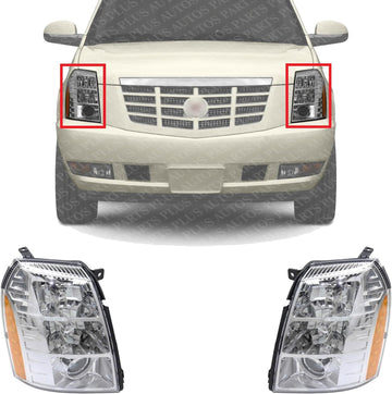 Set Of 2 Front Head Light Assembly Plastic Left Driver & Right Passenger Side Direct Replacement Compatible With 2007-2009 Cadillac Escalade GM2503291 GM2502291 25897649 25897648