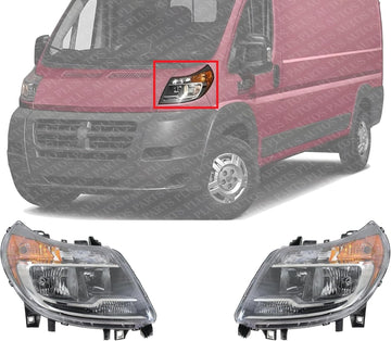 Set Of 2 Front Headlight Assembly Without Daytime Running Light Right Passenger & Left Driver Side Direct Replacement Compatible With 2014-2022 Ram ProMaster 1500 2500 3500 CH2503254