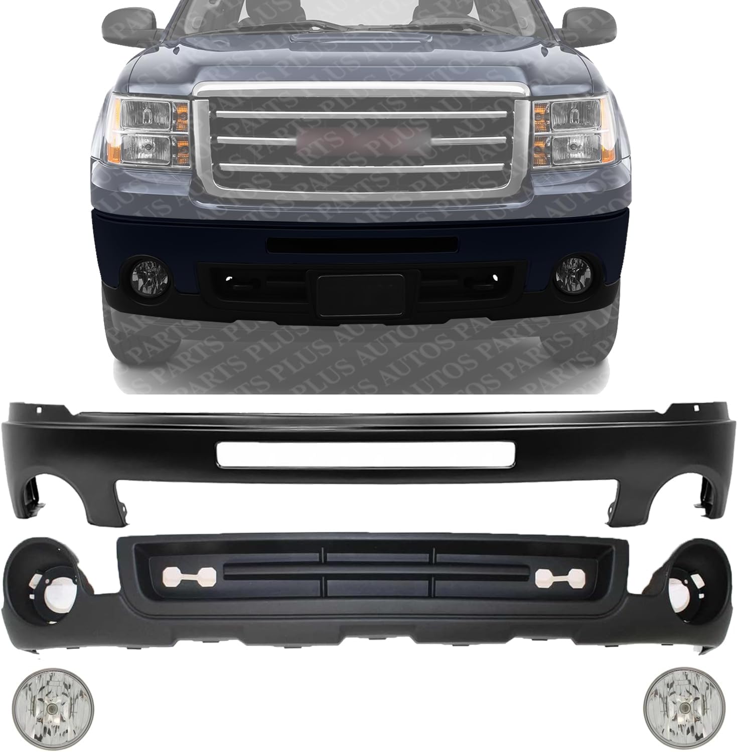 Front Bumper Face Bar Primed Steel + Lower Valance Air Deflector Textured + Fog Lamps Assembly Left & Right Side Direct Replacement Compatible With 2011-2013 GMC Sierra 1500