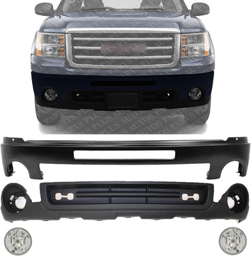Front Bumper Face Bar Primed Steel + Lower Valance Air Deflector Textured + Fog Lamps Assembly Left & Right Side Direct Replacement Compatible With 2011-2013 GMC Sierra 1500