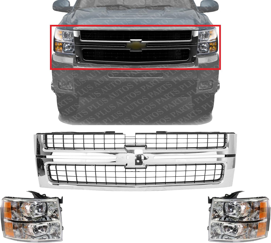 Front Grille Assembly Chrome Shell With Primed Insert + Head Light Left Driver & Right Passenger Side Direct Replacement Compatible With 2007-2010 Chevrolet Silverado 2500 3500 HD