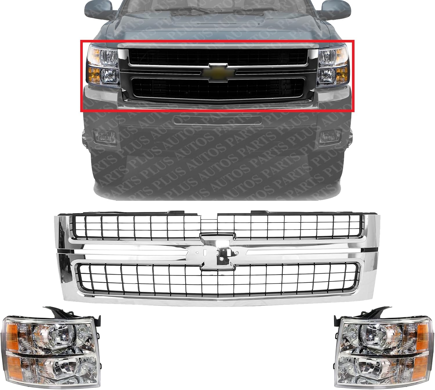 Front Grille Assembly Chrome Shell With Primed Insert + Head Light Left Driver & Right Passenger Side Direct Replacement Compatible With 2007-2010 Chevrolet Silverado 2500 3500 HD