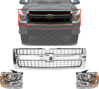 Front Grille Assembly Chrome Shell With Primed Insert + Head Light Left Driver & Right Passenger Side Direct Replacement Compatible With 2007-2010 Chevrolet Silverado 2500 3500 HD