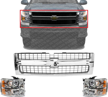 Front Grille Assembly Chrome Shell With Primed Insert + Head Light Left Driver & Right Passenger Side Direct Replacement Compatible With 2007-2010 Chevrolet Silverado 2500 3500 HD