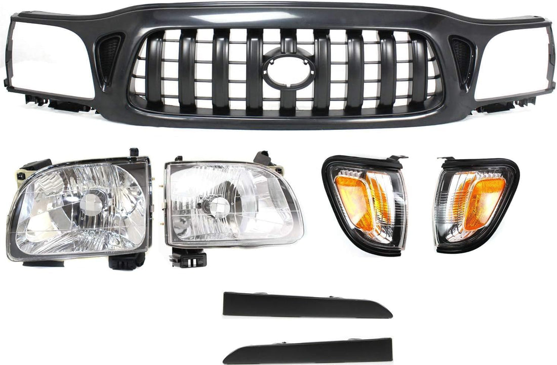 Front Grille Primed Shell & Insert + Headlights + Fillers + Corner Lamps Left Driver And Right Passenger Side Direct Replacement Compatible With 2001-2004 Toyota Tacoma
