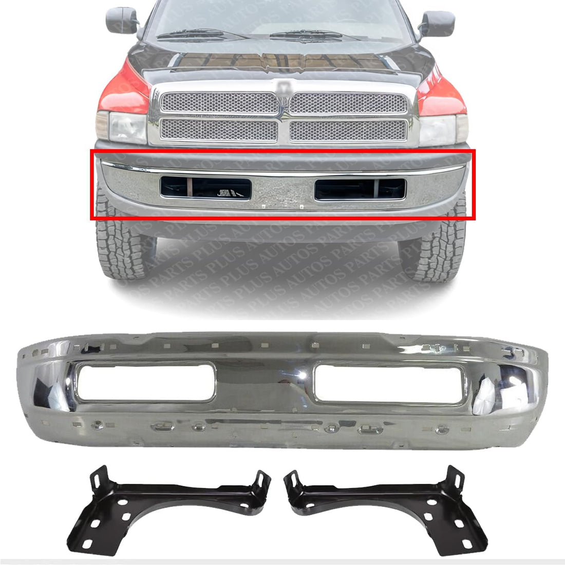 Front Bumper Face Bar Chrome Steel + Inner Brackets Left Driver & Right Passenger Side Direct Replacement Compatible With 1997-2001 Dodge Ram 1500/1997-2002 2500 3500 CH1002256