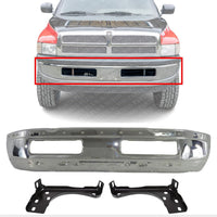 Front Bumper Face Bar Chrome Steel + Inner Brackets Left Driver & Right Passenger Side Direct Replacement Compatible With 1997-2001 Dodge Ram 1500/1997-2002 2500 3500 CH1002256
