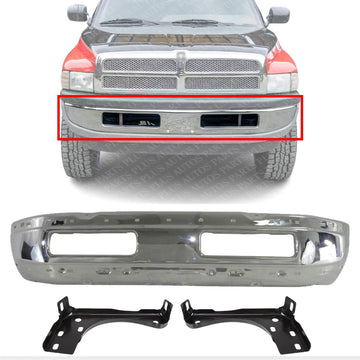 Front Bumper Face Bar Chrome Steel + Inner Brackets Left Driver & Right Passenger Side Direct Replacement Compatible With 1997-2001 Dodge Ram 1500/1997-2002 2500 3500 CH1002256
