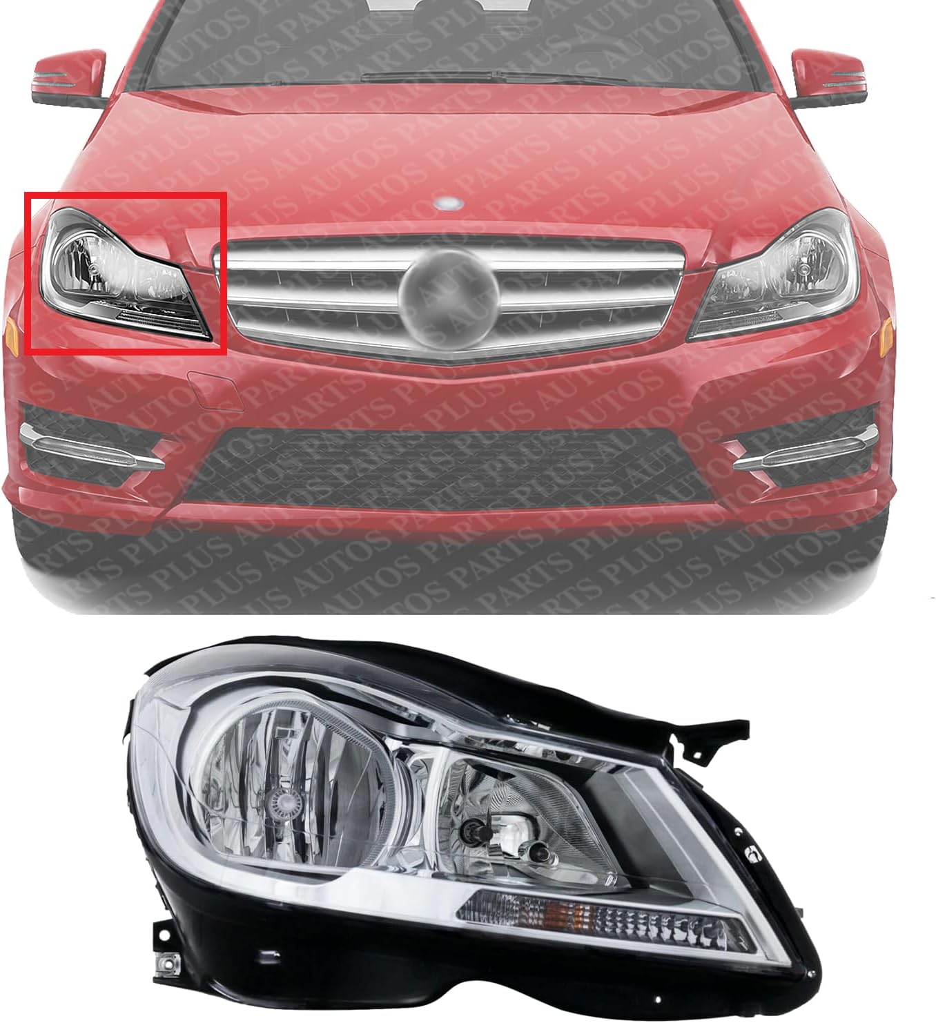 Front Head Light Assembly With Chrome Interior Plastic Right Passenger Side Direct Replacement Compatible With 2012-2014 Mercedes Benz C-Class MB2503187 2048205459