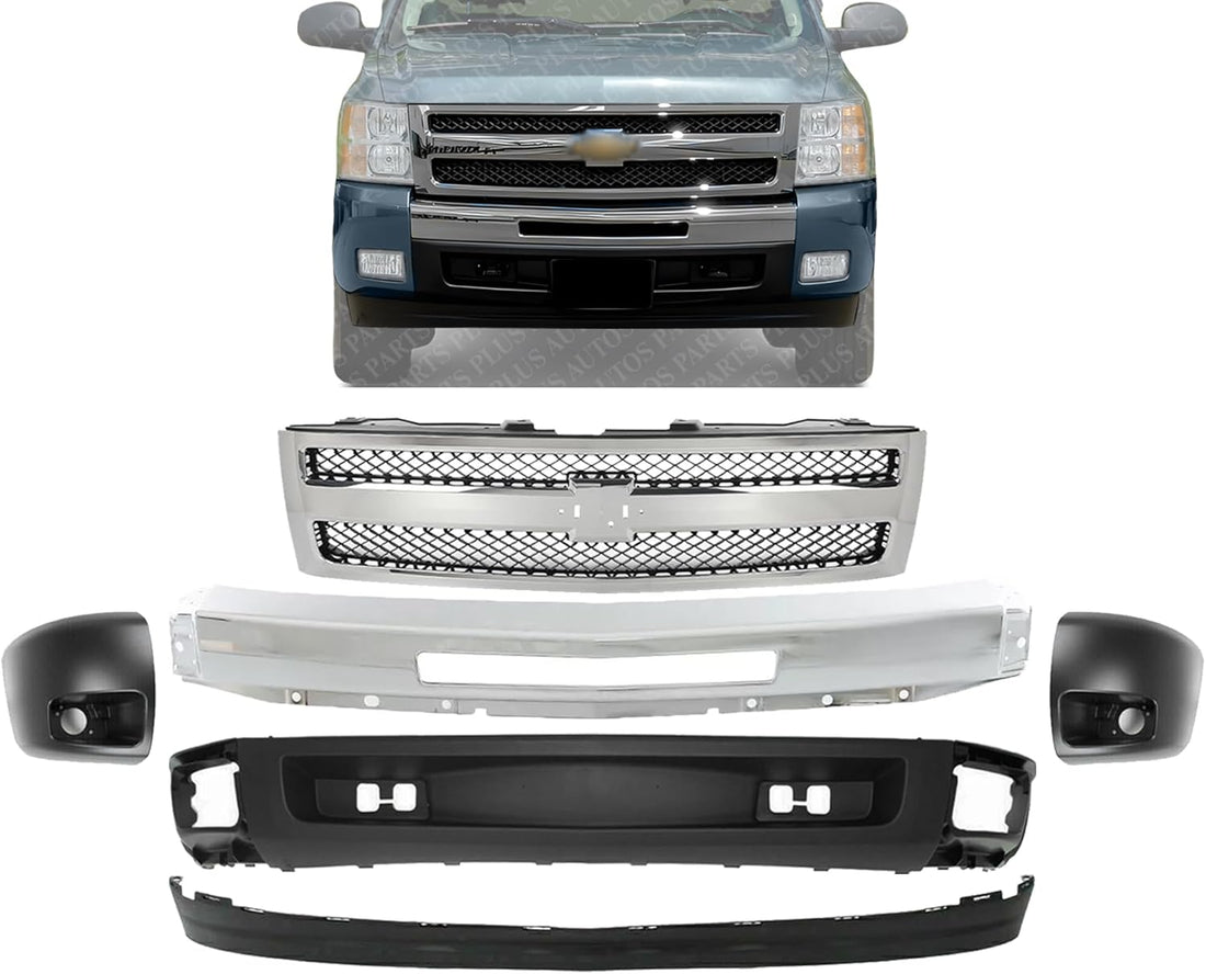 Front Bumper Chrome Steel + Grille Assembly + Lower Valance + Extension + End Caps Primed Left & Right Side Direct Replacement Compatible With 2007-2013 Chevrolet Silverado 1500