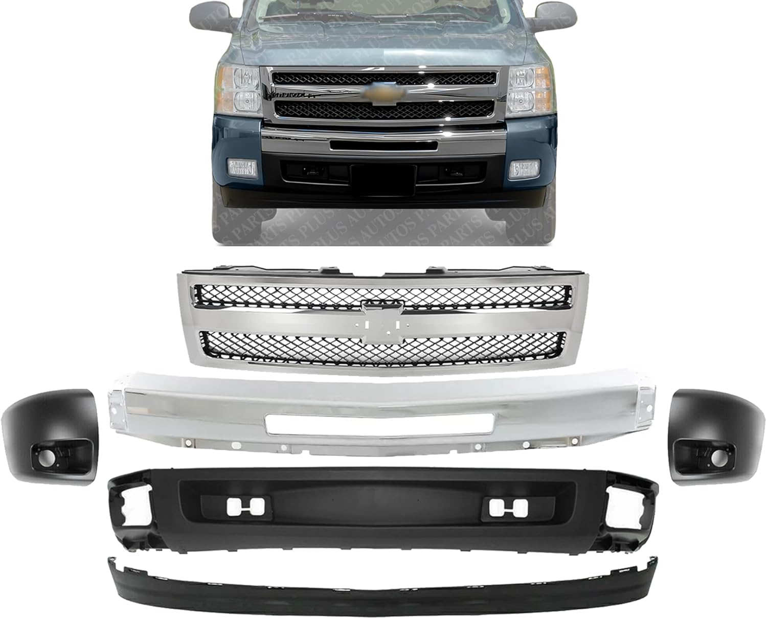 Front Bumper Chrome Steel + Grille Assembly + Lower Valance + Extension + End Caps Primed Left & Right Side Direct Replacement Compatible With 2007-2013 Chevrolet Silverado 1500