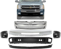 Front Bumper Chrome Steel + Grille Assembly + Lower Valance + Extension + End Caps Primed Left & Right Side Direct Replacement Compatible With 2007-2013 Chevrolet Silverado 1500