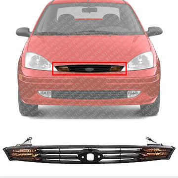 Front Grille Primed Shell And Insert With Amber Turn Signal Lights Direct Replacement Compatible With 2000-2004 Ford Focus FO2560102 YS4Z13200BA