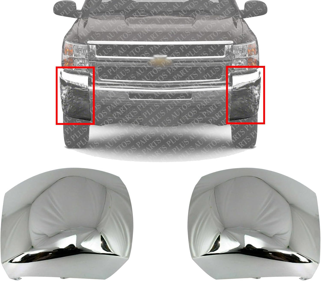 AUTOS PARTS PLUS Set Of 2 Front Bumper End Caps Chrome Steel Left Driver & Right Passenger Side Direct Replacement Compatible With 2007-2012 Chevrolet Silverado 2500HD 3500HD GM1017107 GM1016107