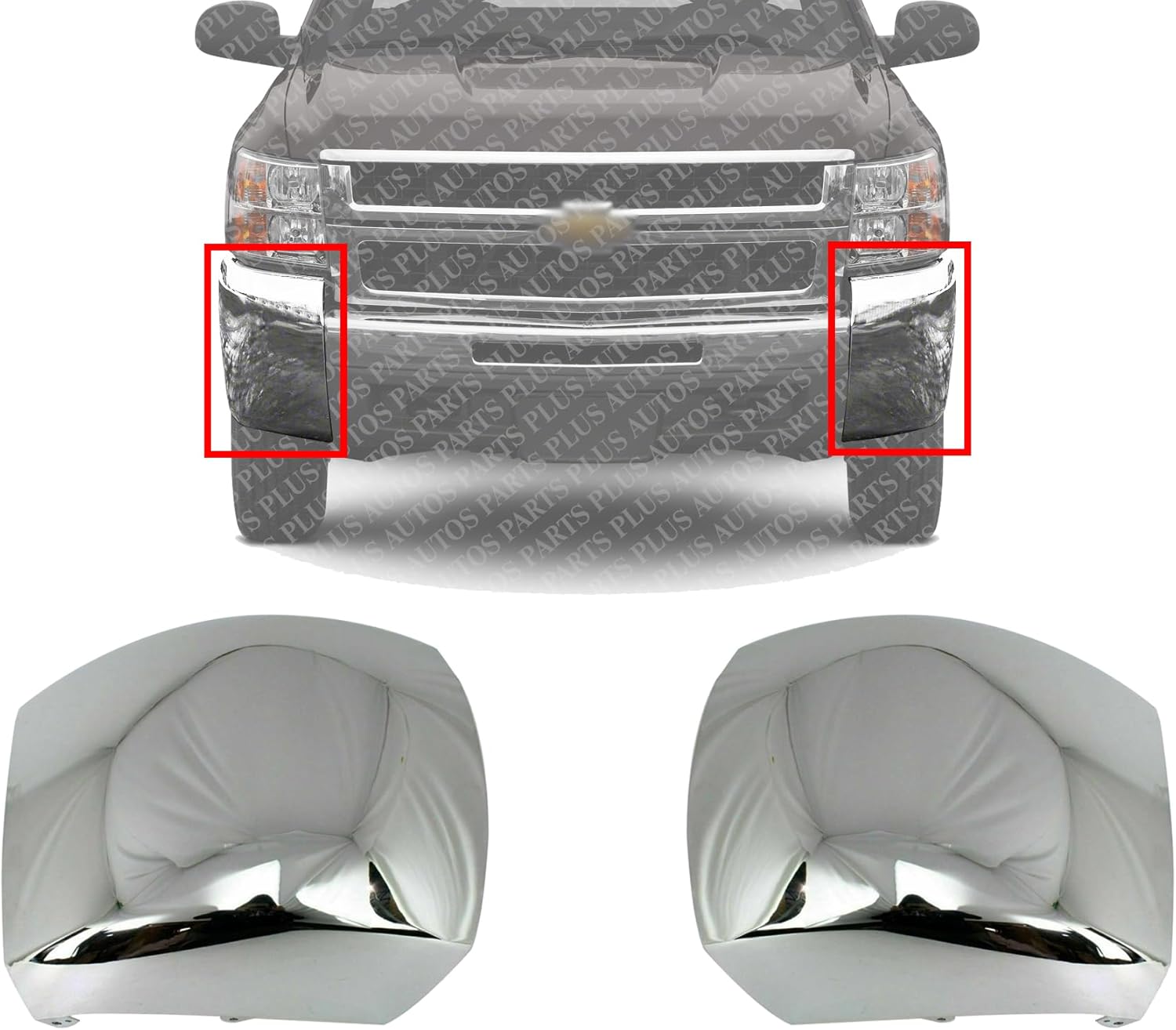 AUTOS PARTS PLUS Set Of 2 Front Bumper End Caps Chrome Steel Left Driver & Right Passenger Side Direct Replacement Compatible With 2007-2012 Chevrolet Silverado 2500HD 3500HD GM1017107 GM1016107