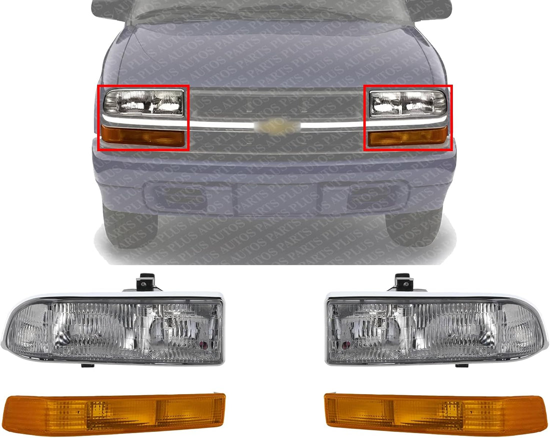 Front Head Light + Signal Lamp Lens And Housing Right Passenger & Left Driver Side Direct Replacement Compatible With 1998-2005 Chevrolet Blazer / 1998-2004 S10 Pickup