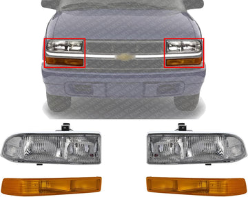 Front Head Light + Signal Lamp Lens And Housing Right Passenger & Left Driver Side Direct Replacement Compatible With 1998-2005 Chevrolet Blazer / 1998-2004 S10 Pickup