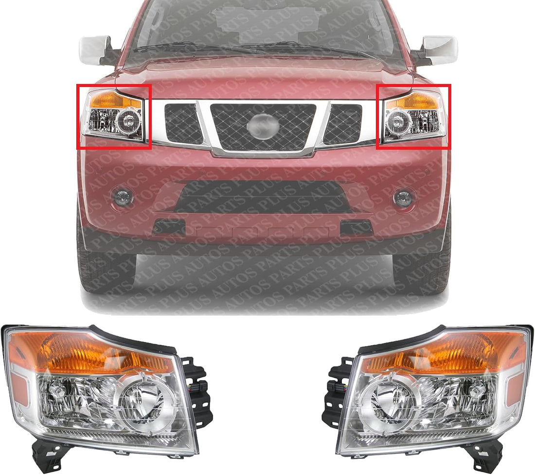 Set Of 2 Front Head Light Assembly Plastic Left Driver & Right Passenger Side Direct Replacement Compatible With 2008-2015 Nissan Armada NI2502175 NI2503175 260109GA0B 260609GA0B