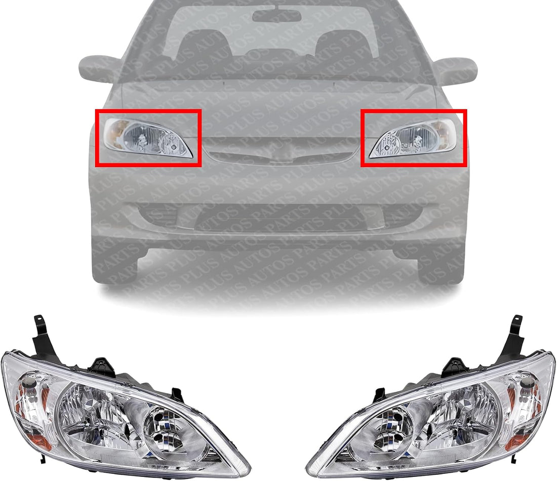 Set Of 2 Front Headlight Lens And Housing Right Passenger & Left Driver Side Direct Replacement Compatible With 2004-2005 Honda Civic HO2503121 HO2502121 33101S5AA51 33151S5AA51