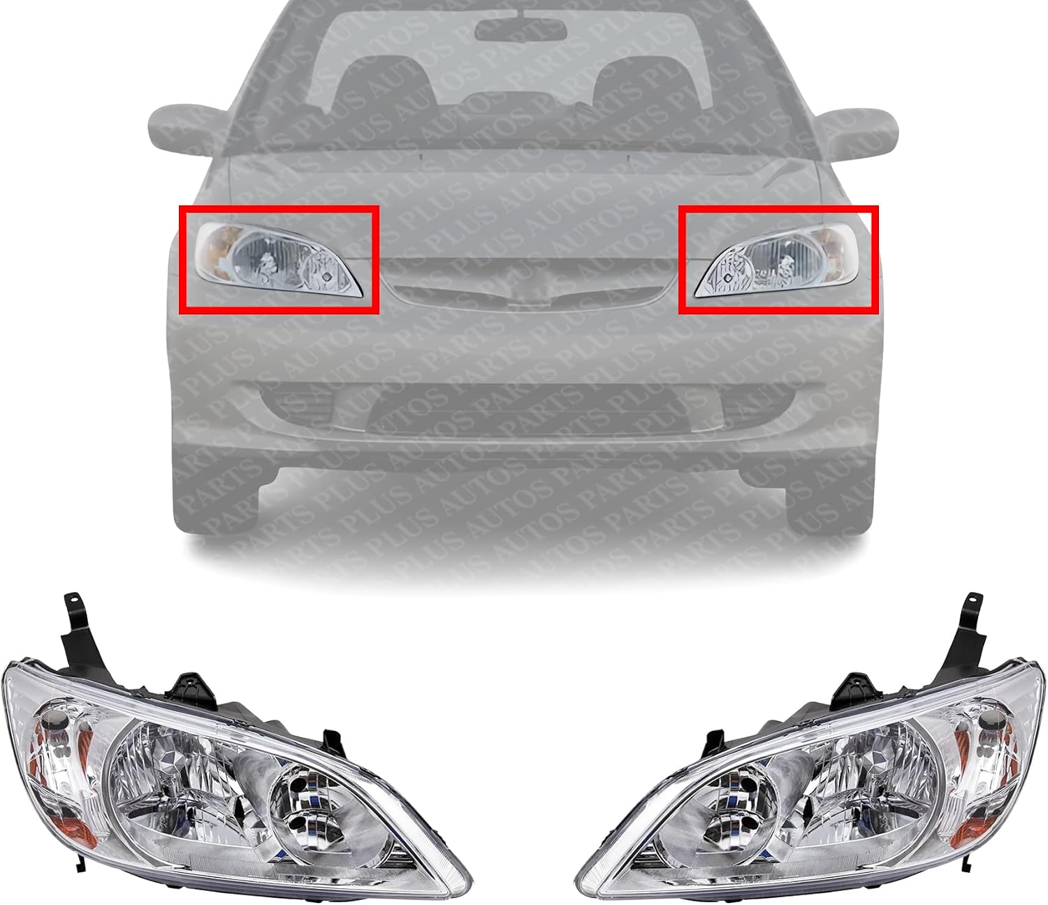 Set Of 2 Front Headlight Lens And Housing Right Passenger & Left Driver Side Direct Replacement Compatible With 2004-2005 Honda Civic HO2503121 HO2502121 33101S5AA51 33151S5AA51