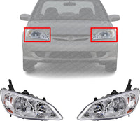 Set Of 2 Front Headlight Lens And Housing Right Passenger & Left Driver Side Direct Replacement Compatible With 2004-2005 Honda Civic HO2503121 HO2502121 33101S5AA51 33151S5AA51