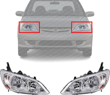 Set Of 2 Front Headlight Lens And Housing Right Passenger & Left Driver Side Direct Replacement Compatible With 2004-2005 Honda Civic HO2503121 HO2502121 33101S5AA51 33151S5AA51
