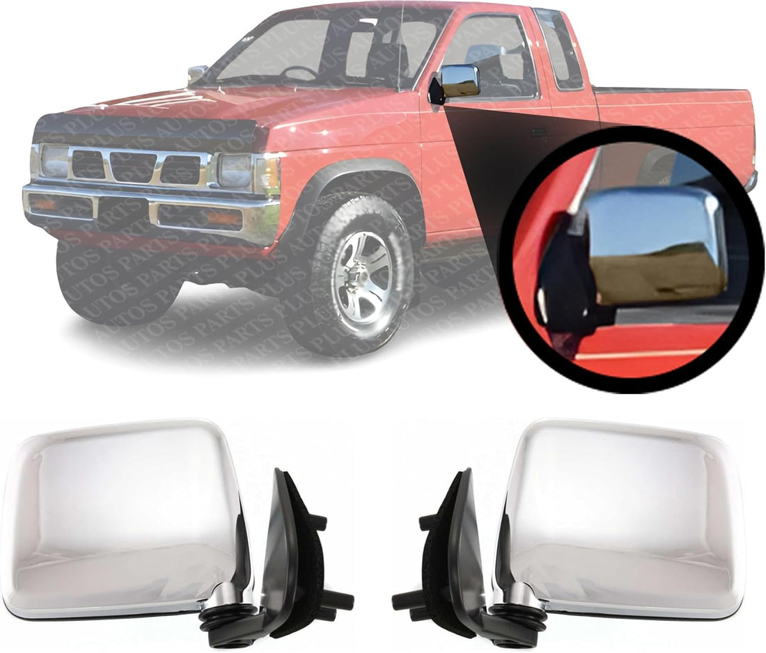 AUTOS PARTS PLUS Set Of 2 Front Mirror Manual Folding Non-Heated Chrome Plastic Left Driver & Right Passenger Side Direct Replacement Compatible With 1986-1994 Nissan D21 / 1995-1997 Pickup