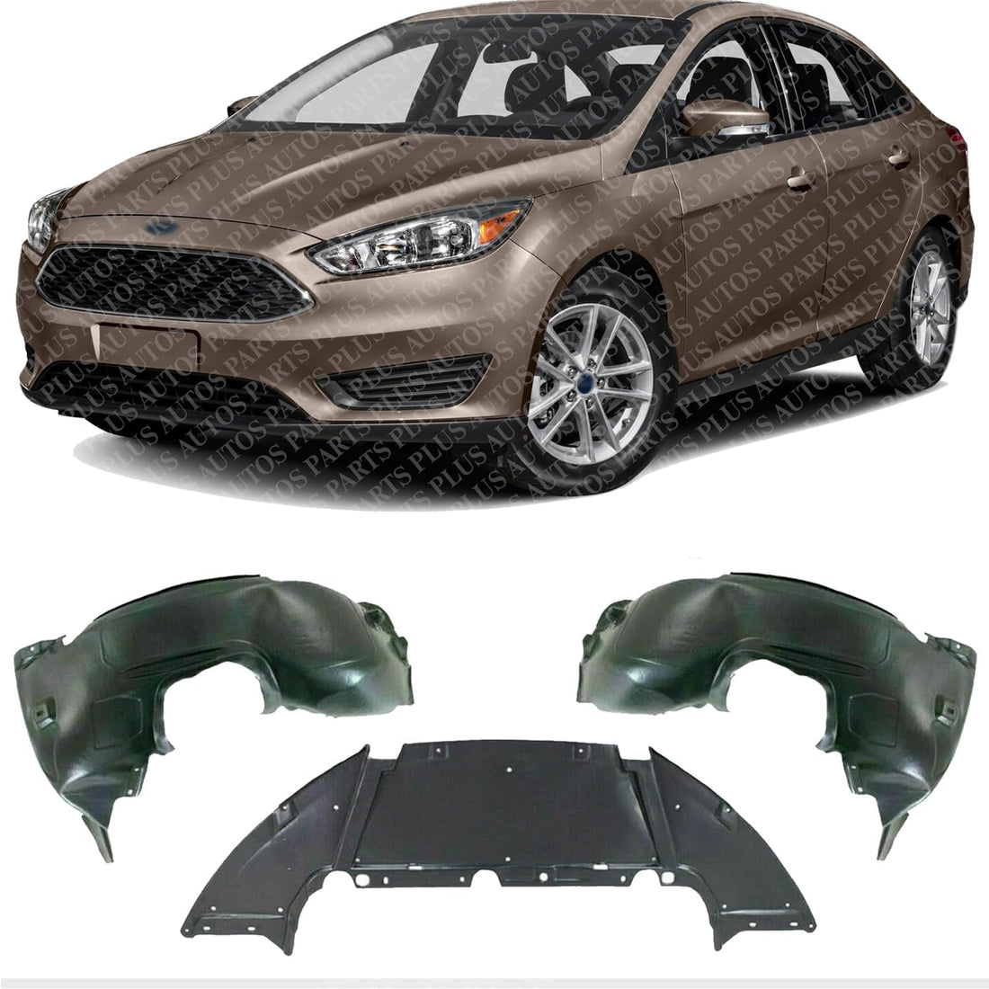 Front Engine Splash Shield Under Cover + Fender Liners Left Driver & Right Passenger Side Direct Replacement Compatible With 2012-2018 Ford Focus FO1228119 FO1248160 FO1249160