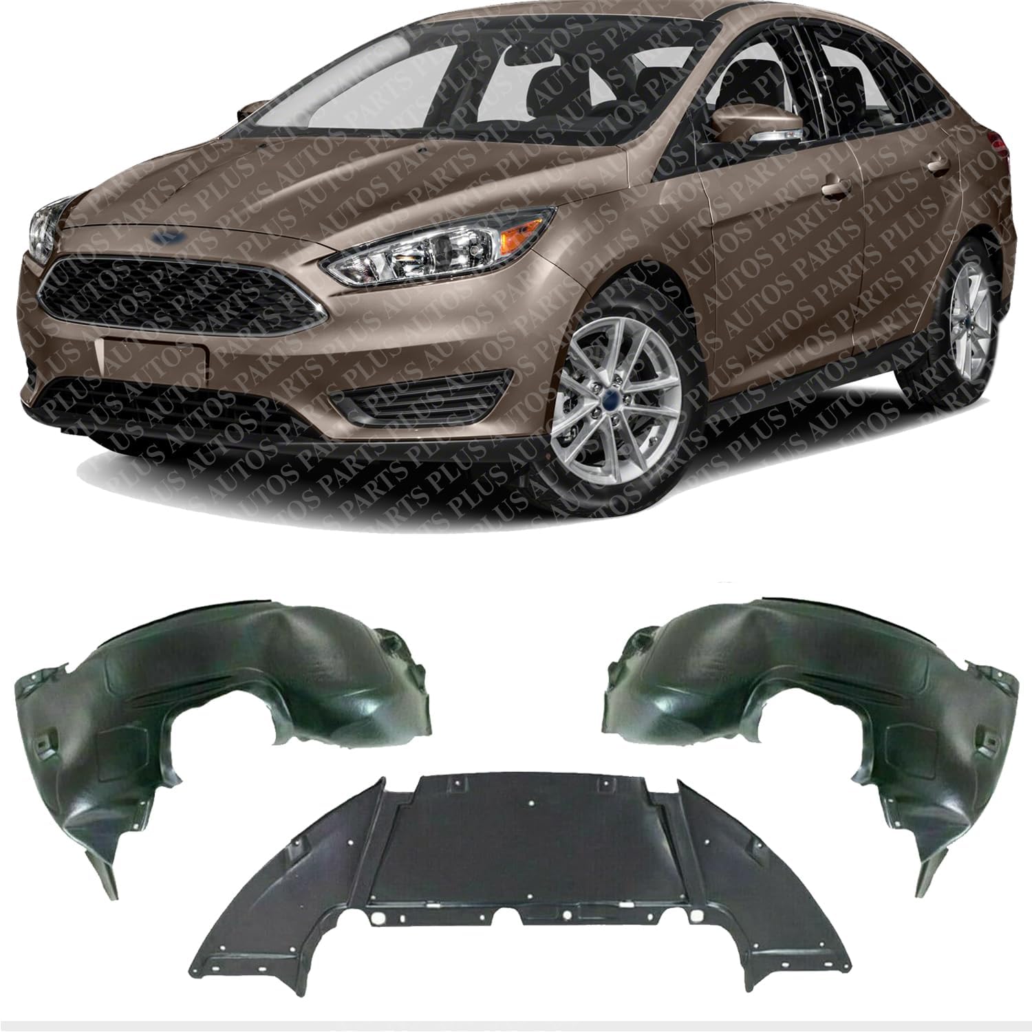 Front Engine Splash Shield Under Cover + Fender Liners Left Driver & Right Passenger Side Direct Replacement Compatible With 2012-2018 Ford Focus FO1228119 FO1248160 FO1249160