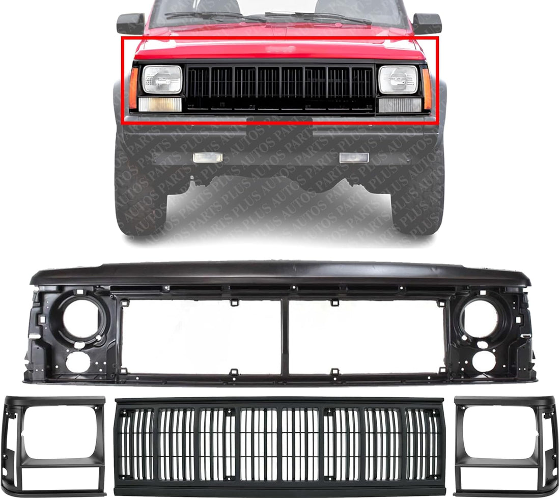 Front Header Panel + Grille + Headlight Door Bezel Primed Left Driver & Right Passenger Side Direct Replacement Compatible With 1991-1996 Jeep Cherokee CH1220107 CH1200177 CH2512124