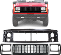 Front Header Panel + Grille + Headlight Door Bezel Primed Left Driver & Right Passenger Side Direct Replacement Compatible With 1991-1996 Jeep Cherokee CH1220107 CH1200177 CH2512124