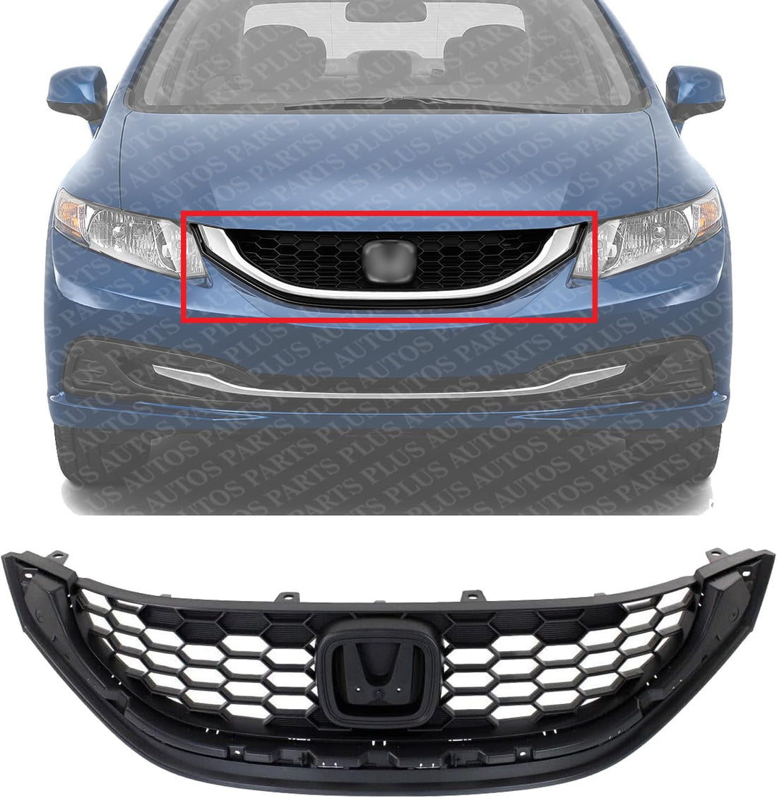 Front Grille Textured Shell And Insert Plastic Direct Replacement Compatible With 2013-2015 Honda Civic HO1200216 71121TR3A01