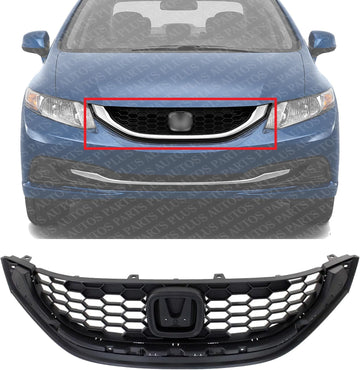 Front Grille Textured Shell And Insert Plastic Direct Replacement Compatible With 2013-2015 Honda Civic HO1200216 71121TR3A01