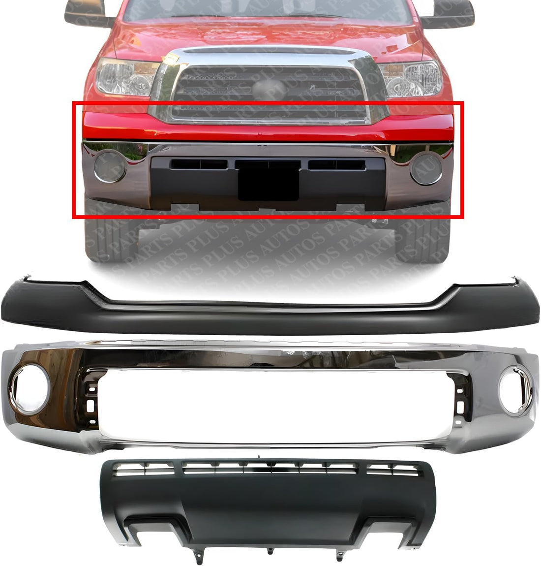 AUTOS PARTS PLUS Front Bumper Face Bar Chrome Steel Without Park Assist Sensor Holes + Upper Cover Primed + Lower Valance Panel Textured Direct Replacement Compatible With 2010-2013 Toyota Tundra
