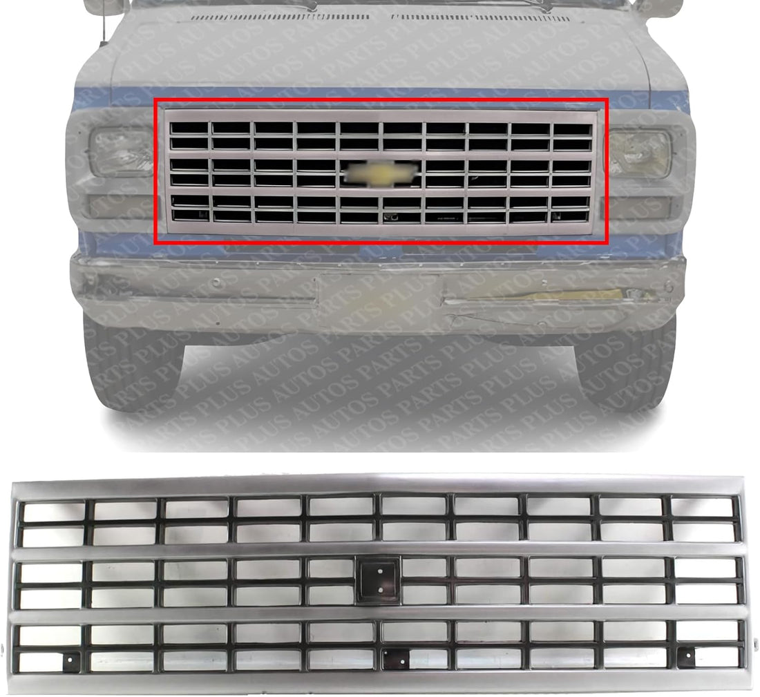 Front Grille Silver Shell And Primed Insert Direct Replacement Compatible With 1992-1996 Chevrolet G-Series Van GM1200360 15709687