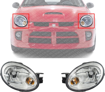 Set Of 2 Front Head Lights Assembly Halogen With Chrome Interior Right Passenger & Left Driver Side Direct Replacement Compatible With 2003-2005 Dodge Neon CH2502151 CH2503151