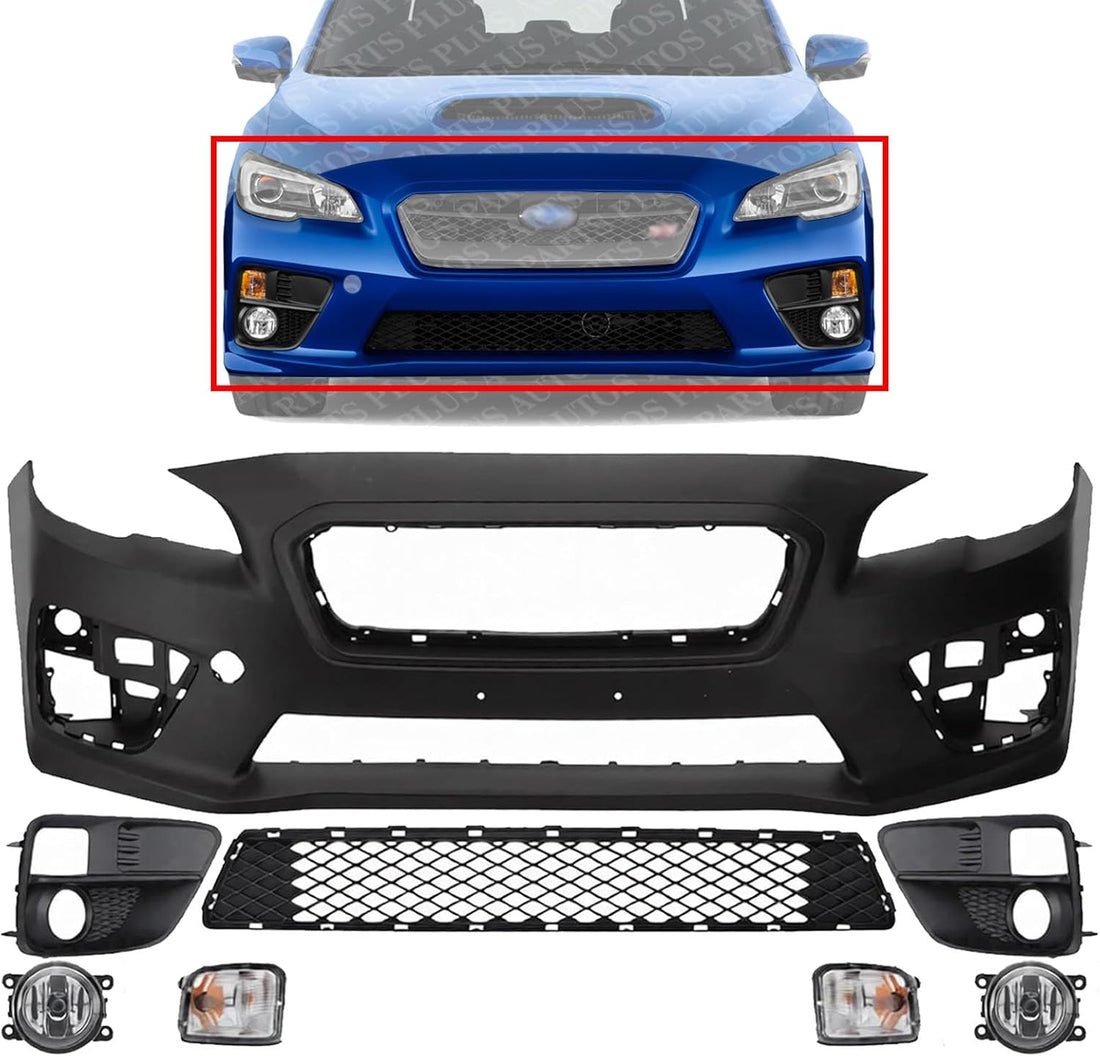 Front Bumper Cover Primed Plastic + Lower Grille + Signal Lamp + Fog Light + Trim Left & Right Side Direct Replacement Compatible With 2015-2017 Subaru WRX