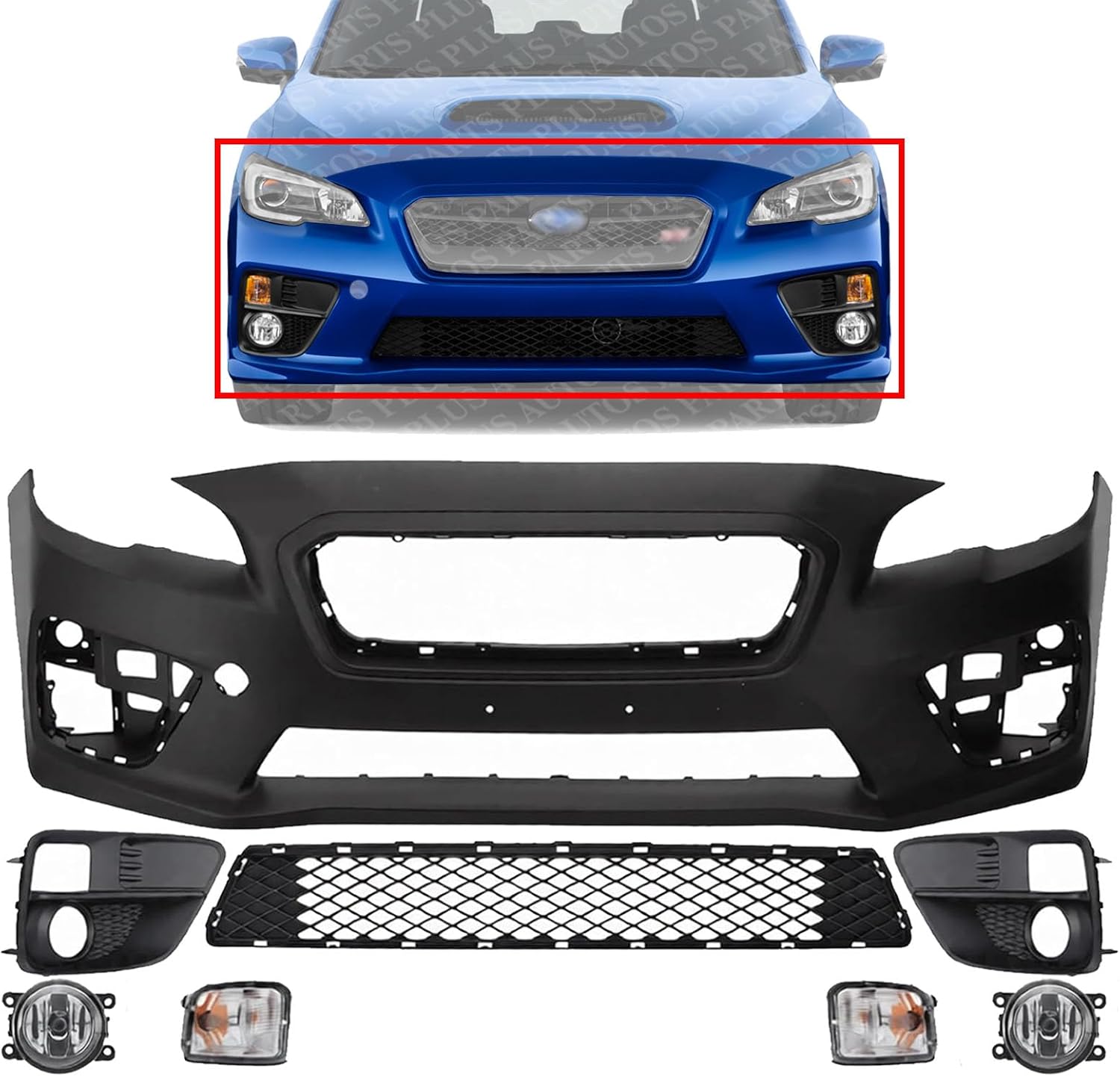 Front Bumper Cover Primed Plastic + Lower Grille + Signal Lamp + Fog Light + Trim Left & Right Side Direct Replacement Compatible With 2015-2017 Subaru WRX
