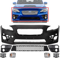 Front Bumper Cover Primed Plastic + Lower Grille + Signal Lamp + Fog Light + Trim Left & Right Side Direct Replacement Compatible With 2015-2017 Subaru WRX