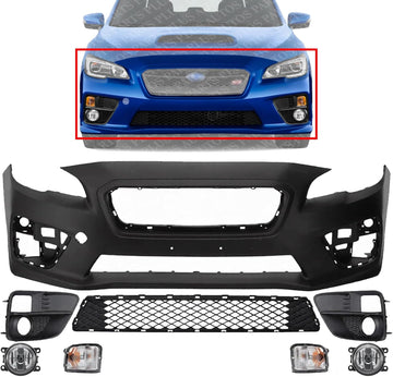 Front Bumper Cover Primed Plastic + Lower Grille + Signal Lamp + Fog Light + Trim Left & Right Side Direct Replacement Compatible With 2015-2017 Subaru WRX