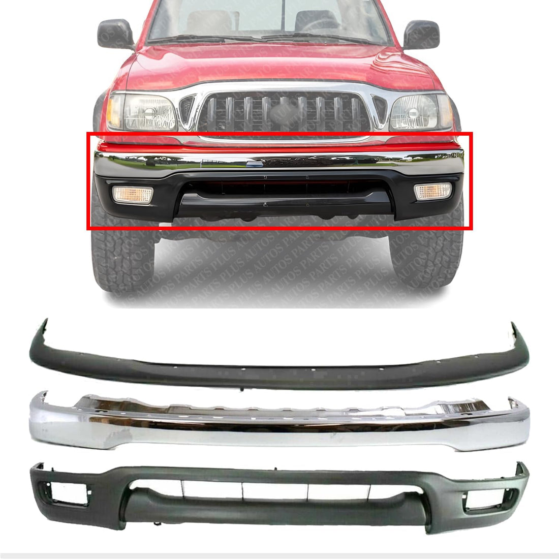 Front Bumper Chrome Steel + Upper Filler + Lower Valance Panel Direct Replacement Compatible With Toyota Tacoma 2001-2004 TO1095196 TO1087112 TO1002174 52101AD030 52119AD010