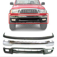 Front Bumper Chrome Steel + Upper Filler + Lower Valance Panel Direct Replacement Compatible With Toyota Tacoma 2001-2004 TO1095196 TO1087112 TO1002174 52101AD030 52119AD010