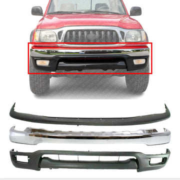 Front Bumper Chrome Steel + Upper Filler + Lower Valance Panel Direct Replacement Compatible With Toyota Tacoma 2001-2004 TO1095196 TO1087112 TO1002174 52101AD030 52119AD010
