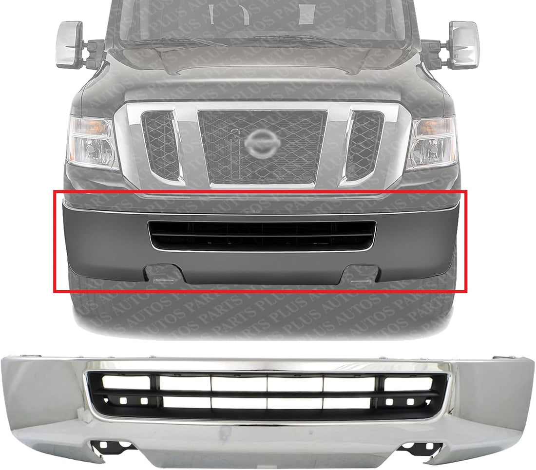 Front Bumper Chrome Steel Direct Replacement Compatible With 2012-2021 Nissan NV1500 / NV2500 / NV3500 NI1002145 620221PA1A