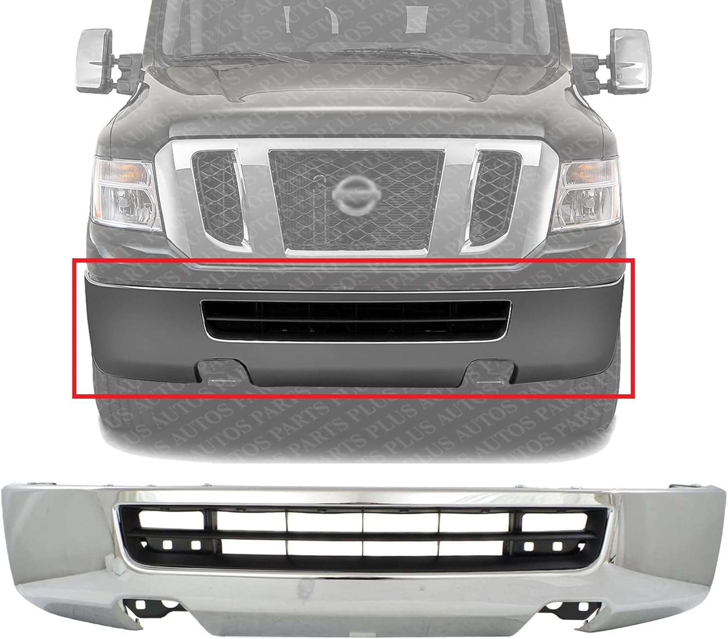 Front Bumper Chrome Steel Direct Replacement Compatible With 2012-2021 Nissan NV1500 / NV2500 / NV3500 NI1002145 620221PA1A