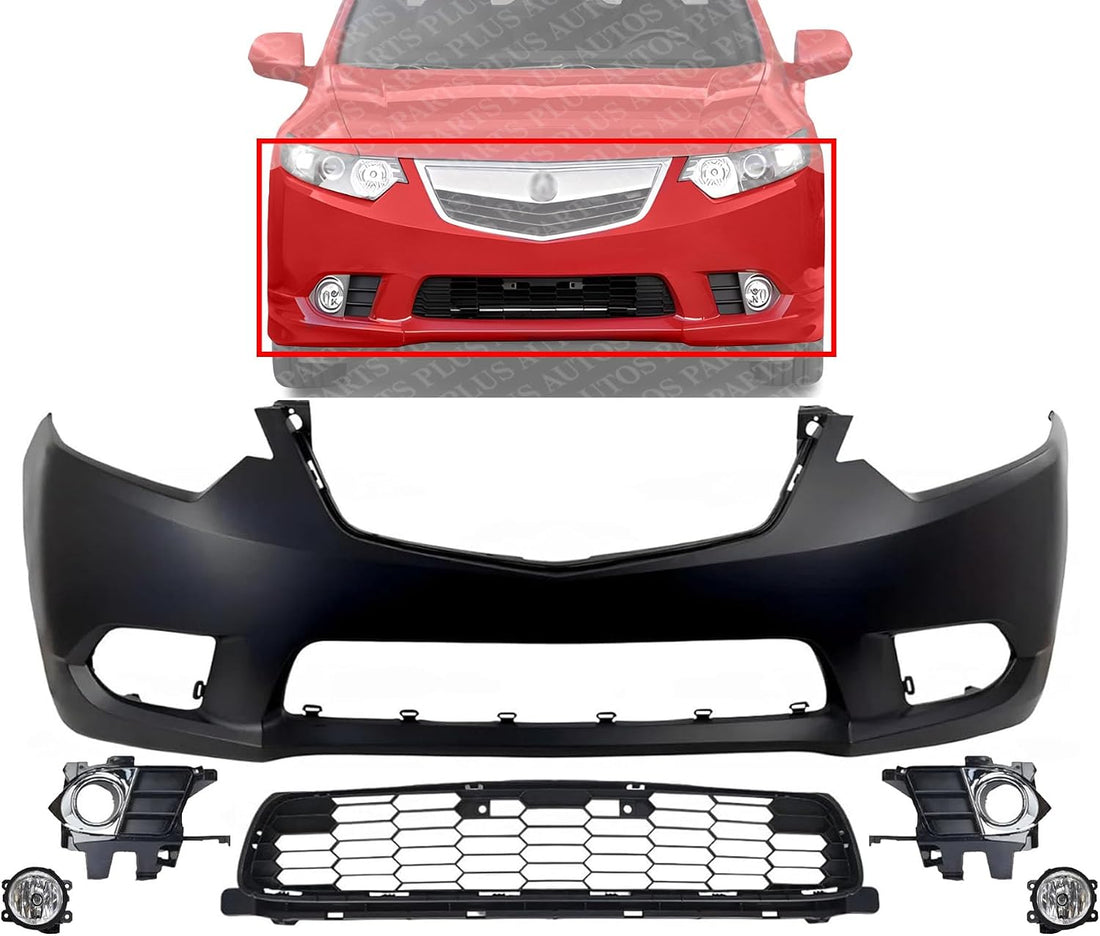Front Bumper Cover Primed Plastic + Lower Grille + Fog Light + Trim & Molding Left Driver & Right Passenger Side Direct Replacement Compatible With 2011-2014 Acura TSX