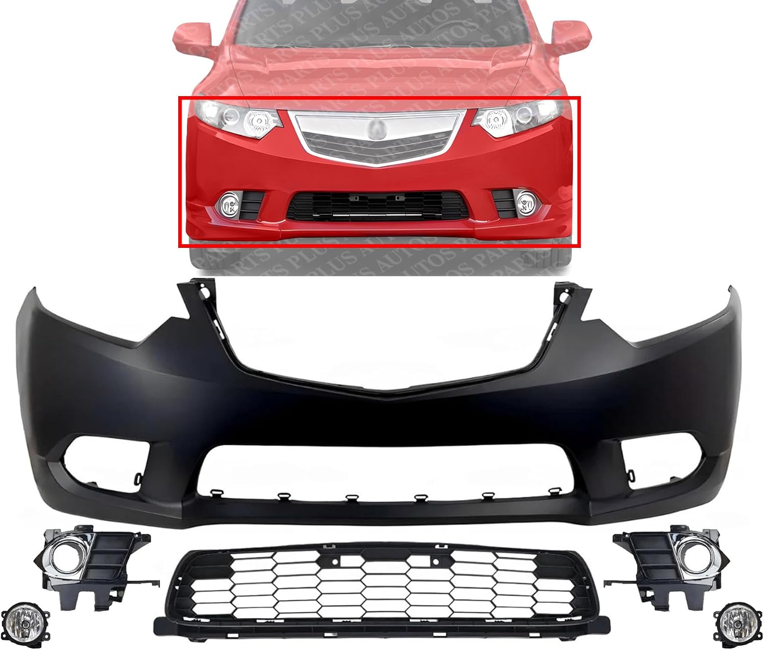 Front Bumper Cover Primed Plastic + Lower Grille + Fog Light + Trim & Molding Left Driver & Right Passenger Side Direct Replacement Compatible With 2011-2014 Acura TSX